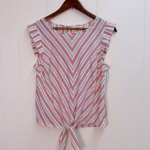 Striped Tie-Front Sleeveless Top Red White Blouse Casual Summer Women's L /#8045